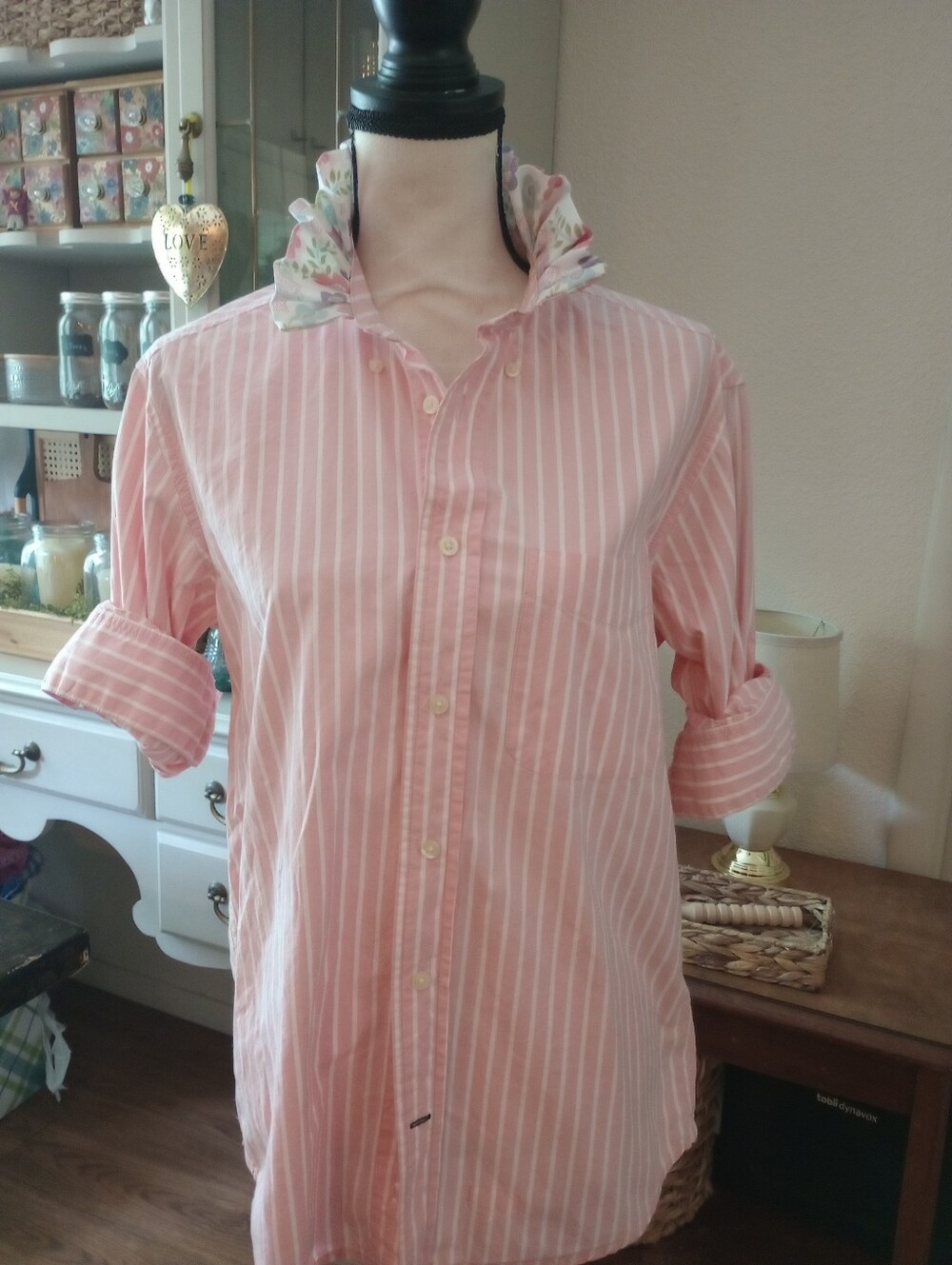 Old Navy Pink and White Striped Button-Up with Floral Ruffle Collar - Picture 6 of 11